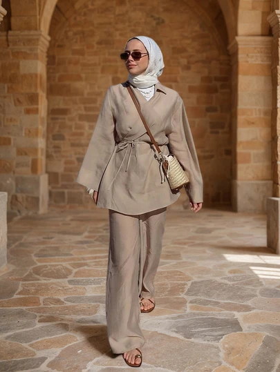 Elegant Casual Women's 2 Pieces Set, Crossover V-Neck Tie Front Blouse With Regular Sleeves, Elastic Waist Wide Leg Pants With Pockets