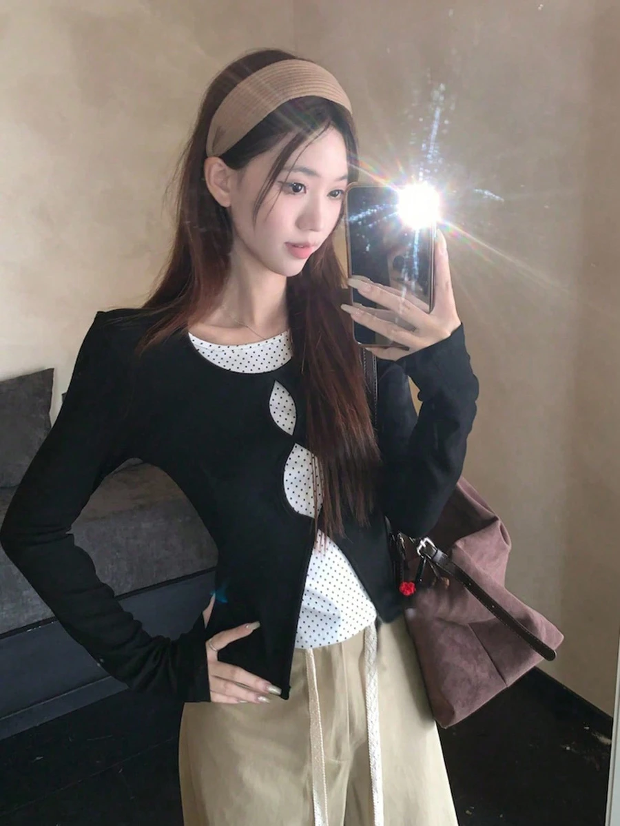 Elegant 2 In 1 Hollow Out Long Sleeve T-Shirt For Women, Minimalist French Polka Dot Versatile Slim Fit Top, Spring/Autumn Black - Black - View 1