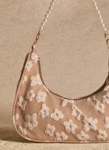 Tropiscape Fashionable Pearl Chain Strap Shoulder Bag With Floral Pattern For Women, Tready Crescent Moon Bag For Women Cottagecore,SummerOutfit - Khaki - View 3