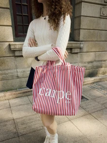 Hatastic Contrast Color, Lightweight, Suitable For Going To School, Campus, Library, Shopping, Travel, Outdoor, Picnic, Large Capacity Tote Bag Shoulder Bag, School Supplies, School Bag, School Handbag, School Tote Bag, School Bookbag, Back To School Bags, Portable, Foldable, Classic Casual, Suitable For Teen Girls Women College Students, Perfect For Back To School, First Day Of School, Beach, Holiday, Vacation Music Fest - Multicolor - View 3