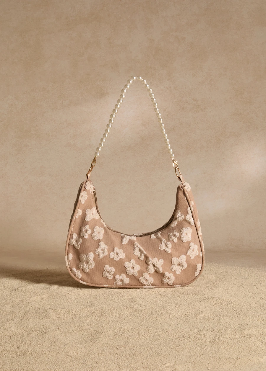 Tropiscape Fashionable Pearl Chain Strap Shoulder Bag With Floral Pattern For Women, Tready Crescent Moon Bag For Women Cottagecore,SummerOutfit - Khaki - View 1