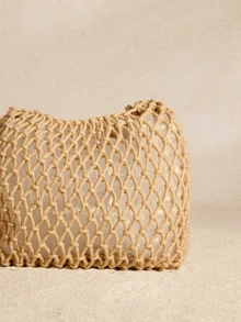 Tropiscape 1 件套涤纶线钩网眼底多色纯色绳针织手提包菱形轻便便携大容量可爱、卡哇伊时尚被子包沙滩包与女士度假服装完美搭配，女士最热门沙滩包，沙滩必需品，沙滩必需品，沙滩物品和夏季必需品，最新假日包 - 卡其色 - 查看 10