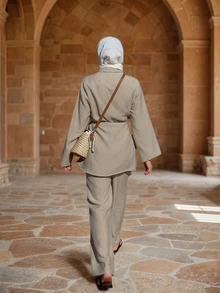 优雅休闲女士两件套，交叉V领系带上衣，常规袖，松紧腰阔腿裤，带口袋 - 卡其色 - 查看 2