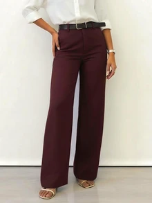 Plain Button & Zipper Office Formal Trousers - Burgundy - View 4