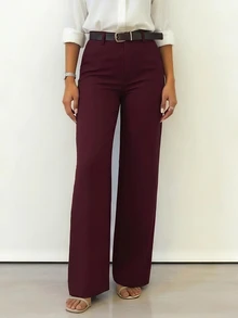 Plain Button & Zipper Office Formal Trousers - Burgundy - View 1
