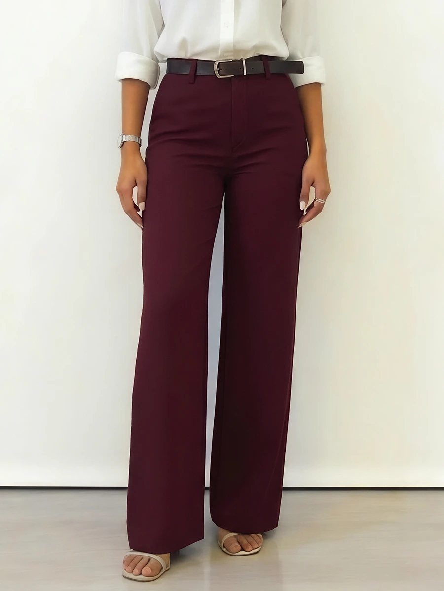 Plain Button & Zipper Office Formal Trousers - Burgundy - View 1