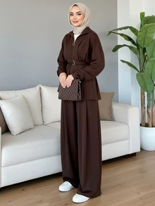 2026 纯色休闲拉链针织套装，女士休闲套装，衬衫领上衣，常规袖，带D形环腰带 - 咖啡棕 - 查看 4
