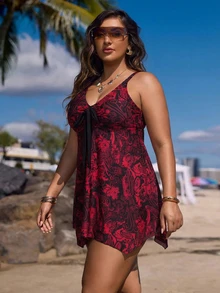 2pcs/Set Tropical Print Sexy Elegant Halter Neck Beach Vacation Outfit, Summer - Multicolor - View 2