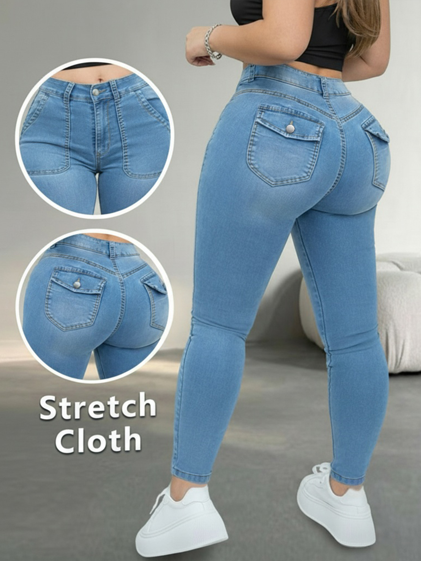 بنطلون جينز نسائي بقصة ضيقة مقاس كبير، مع جيوب سحا...