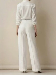 2pcs Women Casual Seam Front Wide Leg Pants, Versatile Solid Color Loose Fit Trousers For Work & Daily Wear Spring - Black and White - View 2