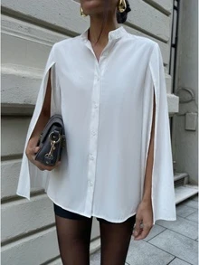 白色披肩袖纽扣衬衫 | 宽松版型上衣，适合办公室和早午餐场合 - 白色 - 查看 2