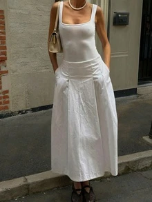 Chân váy dài xòe thanh lịch dành cho nữ, chất liệu vải dệt kim không co giãn, thích hợp cho các bữa tiệc mùa xuân, màu trắng. - trắng - Xem 1
