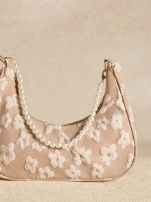 Tropiscape Fashionable Pearl Chain Strap Shoulder Bag With Floral Pattern For Women, Tready Crescent Moon Bag For Women Cottagecore,SummerOutfit - Khaki - View 9