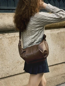 Hatastic 大容量复古软皮褶皱新月包，风格悠闲，休闲百搭，通勤单肩斜挎皆宜。 - 棕色 - 查看 2