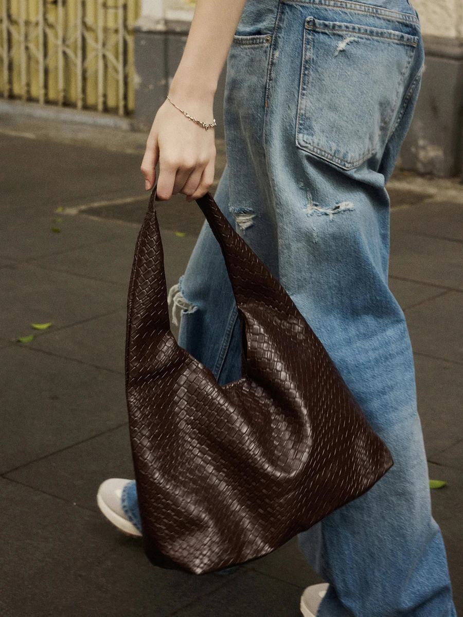 女士纯色PU皮革时尚大容量日常单肩包音乐节 - 咖啡 - 查看 1