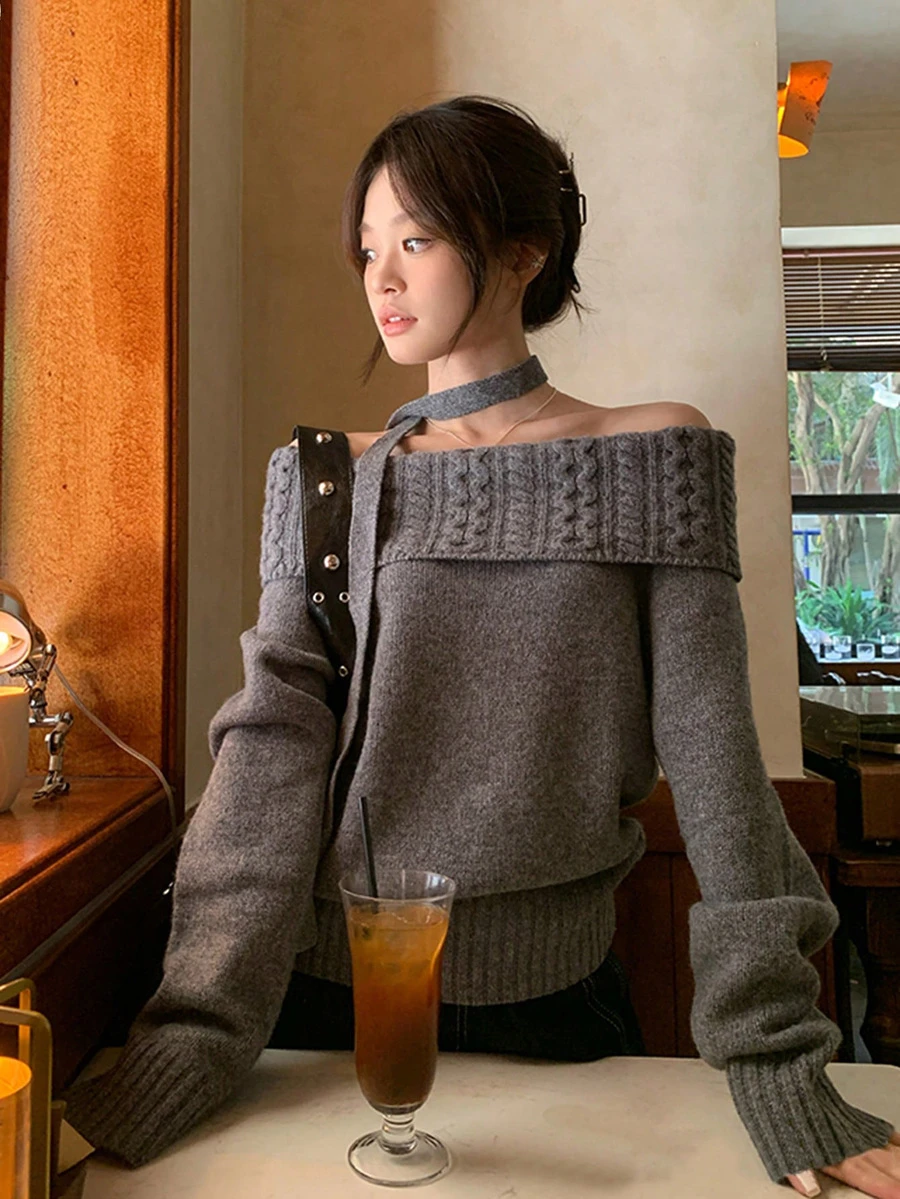 女士简约灰色露肩毛衣,修身版型,针织上衣,高端气质,秋冬 - 灰色 - 查看 1