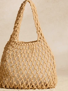 Tropiscape 1 件套涤纶线钩网眼底多色纯色绳针织手提包菱形轻便便携大容量可爱、卡哇伊时尚被子包沙滩包与女士度假服装完美搭配，女士最热门沙滩包，沙滩必需品，沙滩必需品，沙滩物品和夏季必需品，最新假日包 - 卡其色 - 查看 9