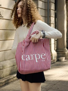 Hatastic Contrast Color, Lightweight, Suitable For Going To School, Campus, Library, Shopping, Travel, Outdoor, Picnic, Large Capacity Tote Bag Shoulder Bag, School Supplies, School Bag, School Handbag, School Tote Bag, School Bookbag, Back To School Bags, Portable, Foldable, Classic Casual, Suitable For Teen Girls Women College Students, Perfect For Back To School, First Day Of School, Beach, Holiday, Vacation Music Fest - Multicolor - View 1