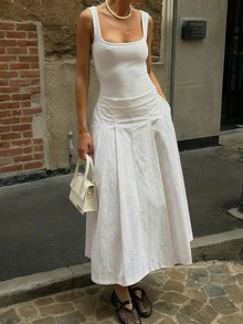 Chân váy dài xòe thanh lịch dành cho nữ, chất liệu vải dệt kim không co giãn, thích hợp cho các bữa tiệc mùa xuân, màu trắng. - trắng - Xem 2