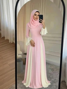Women's Solid Color Chiffon Waist Ruffle Hem Elegant Sleeve Arabic Style Dress - Pink - View 1