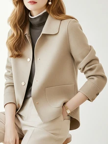 时尚简约女士翻领单排扣高品质短款羊毛大衣，休闲宽松纯色长袖复古优雅风格，搭配时尚衬衫，女士冬季羊毛大衣套装