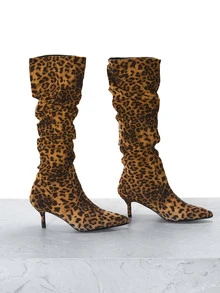 CHICVUE 2025秋冬季女士时尚热销尖头褶皱高跟绒面革和皮革过膝套脚靴，黑色，性感，猫跟，派对装扮 - 黑斑色 - 查看 1