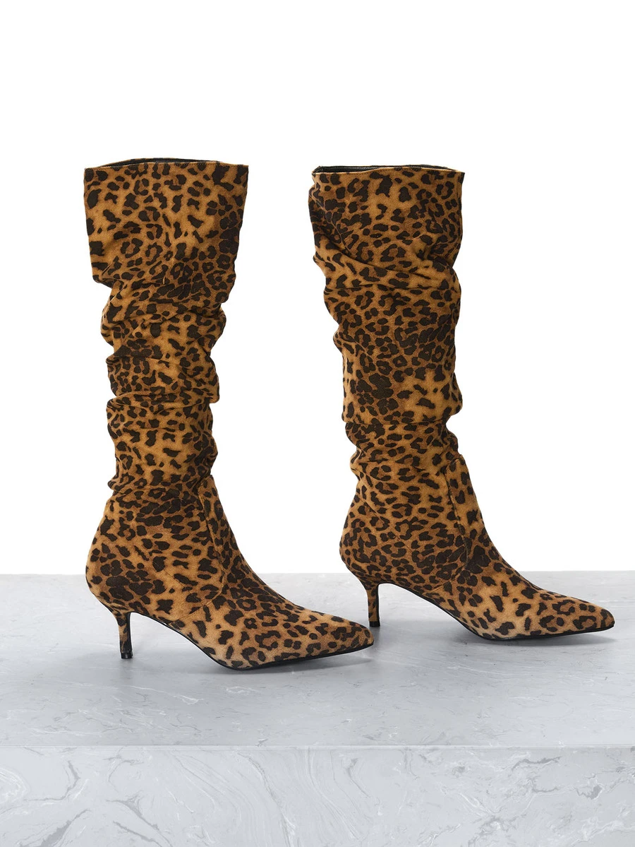 CHICVUE 2025秋冬季女士时尚热销尖头褶皱高跟绒面革和皮革过膝套脚靴，黑色，性感，猫跟，派对装扮 - 黑斑色 - 查看 1