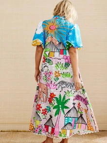 Đầm ngắn tay phồng cổ chữ V in họa tiết cây nhiệt đới, thích hợp cho kỳ nghỉ hè, phong cách thanh lịch. - Nhiều màu - Xem 2