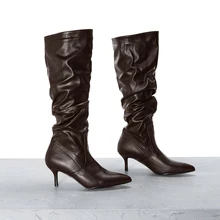 CHICVUE Fashionable Hot Selling Women's Pointed Toe Pleated Velvet & Leather Over-The-Knee Black Boots, Suitable For Autumn/Winter,Brown Boots,Kitten Heels