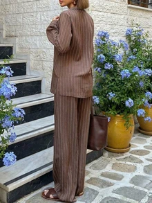 2pcs Professional Women's Suit, Khaki Striped Blazer & Trousers, Side Tie Blazer, Regular Tie-Waist Casual Elegant Business Outfit - Coffee Brown - View 2