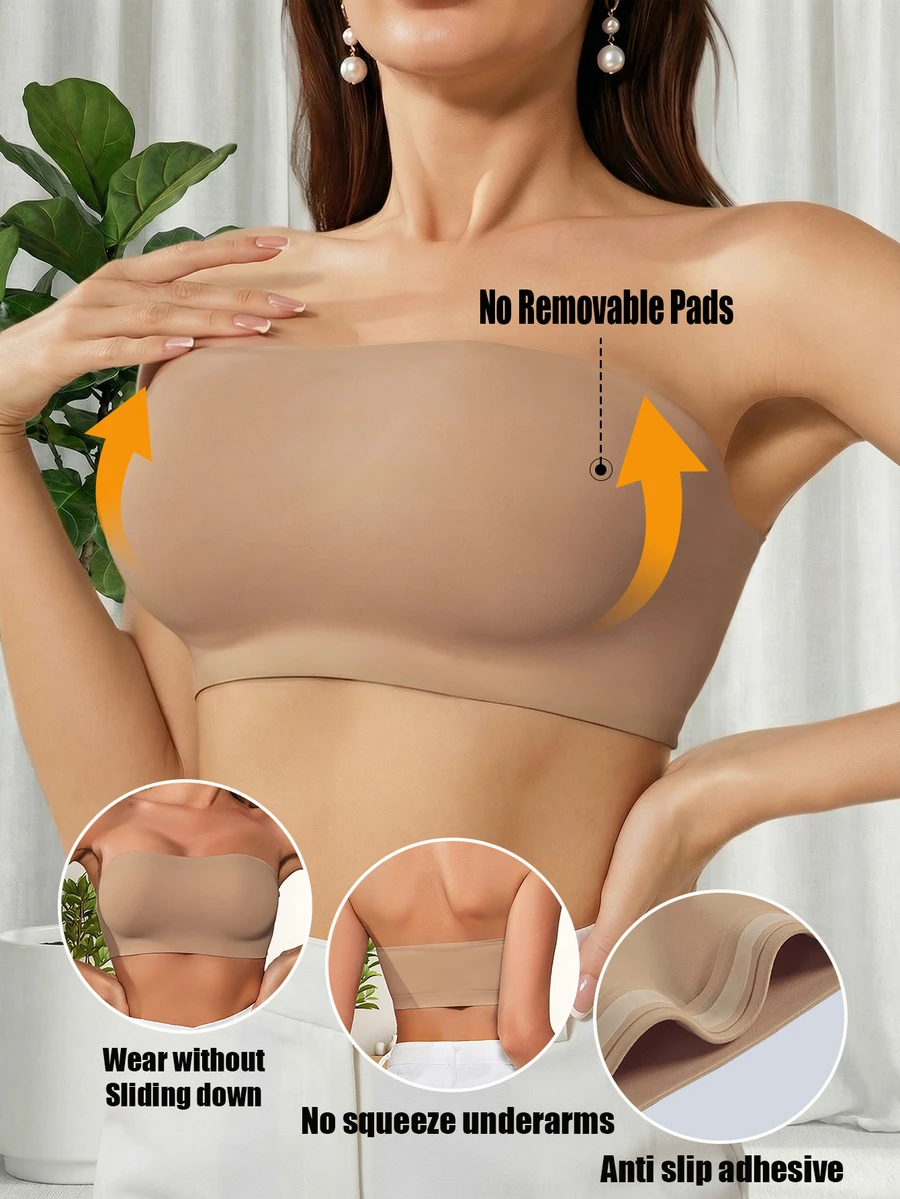 Women's Sexy Strapless Bandeau Bra, Unpadded, Seamless, Wireless Bra, Comfortable Bandeau Bra, Lingerie, Backless Bra, Breathable Fabric, Soft And Comfortable, Suitable For Dresses And Daily Wear - Coffee Brown - View 1