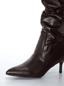 CHICVUE Fashionable Hot Selling Women's Pointed Toe Pleated Velvet & Leather Over-The-Knee Black Boots, Suitable For Autumn/Winter,Brown Boots,Kitten Heels