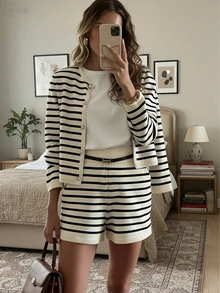 两件套商务休闲女装，春夏新款女士套装，情人节条纹粗花呢腰带外套和针织短裤，通勤优雅复古白色开衫外套