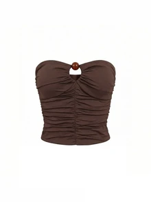 Women's Cropped Sexy Fashion Cutout Amber Bead Layered Ruched Tube Top, Suitable For Vacation - Coffee Brown - View 5