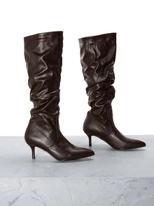 CHICVUE Fashionable Hot Selling Women's Pointed Toe Pleated Velvet & Leather Over-The-Knee Black Boots, Suitable For Autumn/Winter,Brown Boots,Kitten Heels