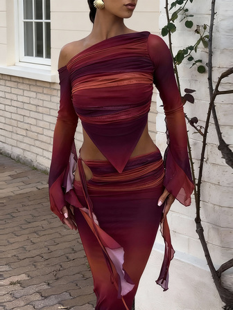 Conjunto de falda de 2 piezas elegante y sexy de malla Y2K para mujer, con diseño de cuello asimétrico, perfecto para fiestas, primavera/verano