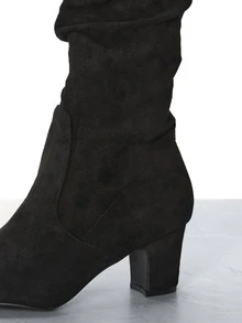 CHICVUE بوت طويلة من الجلد والجلد المدبوغ ذات كعب عالي مطوي وأصبع مدبب للنساء، موضة خريف/شتاء عالية الطلب، باللون الأسود - الأسود - مشاهدة 7