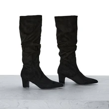 CHICVUE بوت طويلة من الجلد والجلد المدبوغ ذات كعب عالي مطوي وأصبع مدبب للنساء، موضة خريف/شتاء عالية الطلب، باللون الأسود - الأسود - مشاهدة 5