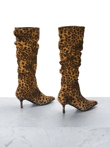 CHICVUE 2025秋冬季女士时尚热销尖头褶皱高跟绒面革和皮革过膝套脚靴，黑色，性感，猫跟，派对装扮 - 黑斑色 - 查看 5