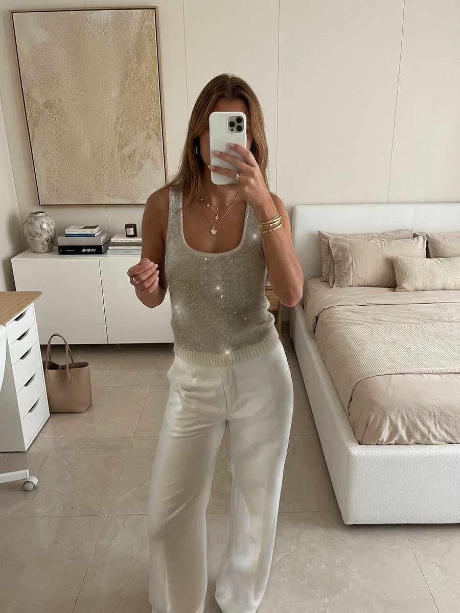 FOR BEAUTY 女士纯色圆领无袖针织上衣，新款夏季时尚优雅简约舒适休闲套头毛衣，适合日常、海滩、度假等场合，百搭柔软针织吊带衫 - 銀色 - 查看 1