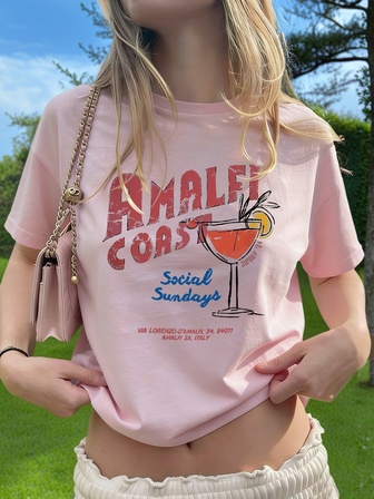 女士夏季圆领短袖T恤，鸡尾酒图案印花，百搭休闲上衣，适合日常穿着