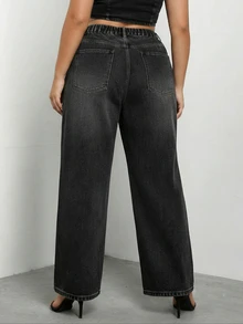 Jeans rectos de pierna larga y talla grande para mujer con detalles de strass, denim negro con botón, cremallera y bolsillos - Negro - Ver 3