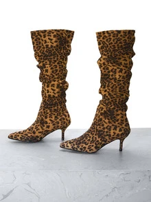 CHICVUE 2025秋冬季女士时尚热销尖头褶皱高跟绒面革和皮革过膝套脚靴，黑色，性感，猫跟，派对装扮 - 黑斑色 - 查看 2