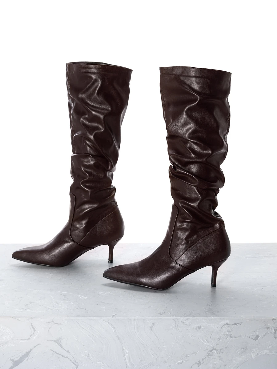 CHICVUE Fashionable Hot Selling Women's Pointed Toe Pleated Velvet & Leather Over-The-Knee Black Boots, Suitable For Autumn/Winter,Brown Boots,Kitten Heels