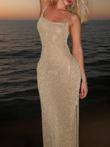 香槟金针织连衣裙 | 修身开衩沙滩度假连衣裙 - 卡其色 - 查看 3