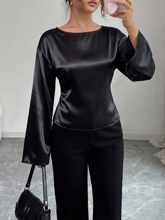 Women's New Elegant Fashion Romantic Casual Urban Commute Versatile Round Neck Batwing Sleeve Cinched Waist Tie Front Satin Long Sleeve Blouse, Women's Solid Color Flare Sleeve Shirt, Suitable For Office, Vacation, Home, Daily Wear, All Seasons
