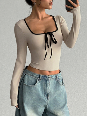 Blusa de punto corta de manga larga, elegante, para mujer, con cuello cuadrado, nudo delantero, tela elástica, para primavera/verano