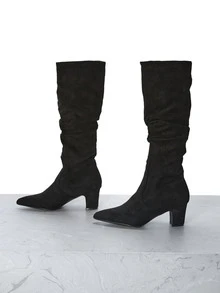 CHICVUE بوت طويلة من الجلد والجلد المدبوغ ذات كعب عالي مطوي وأصبع مدبب للنساء، موضة خريف/شتاء عالية الطلب، باللون الأسود - الأسود - مشاهدة 1