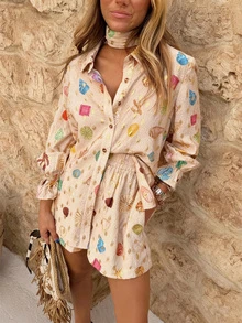 时尚烫金印花衬衫领长袖套装 - 彩色 - 查看 2