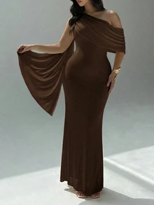 大码女士优雅棕色修身针织连衣裙，不对称领口长款铅笔裙，无袖，适合正式场合、宾客礼服和夏季派对穿着 - 棕色 - 查看 3
